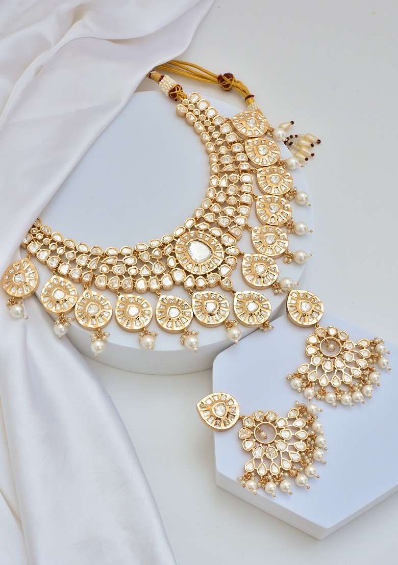 Rose Gold Tone Polki Necklace Set - Indya