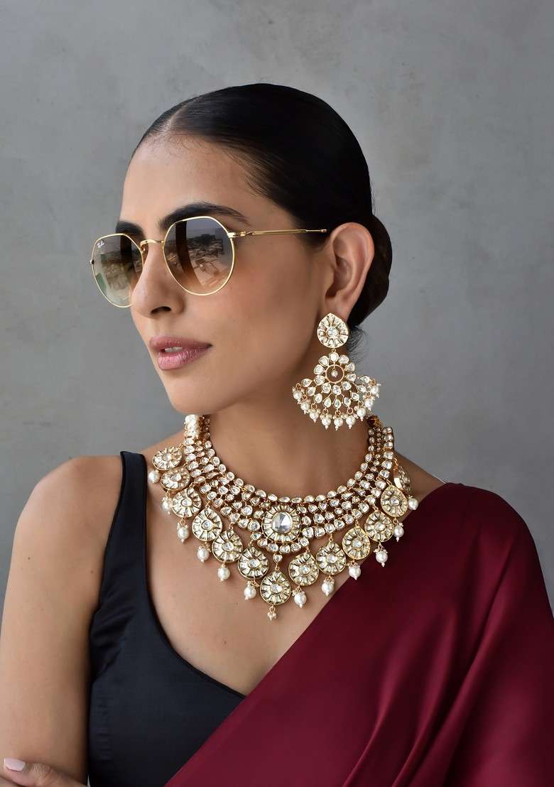 Rose Gold Tone Polki Necklace Set - Indya