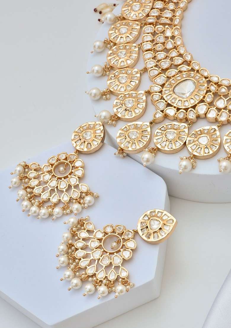 Rose Gold Tone Polki Necklace Set - Indya