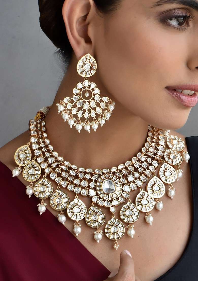 Rose Gold Tone Polki Necklace Set - Indya