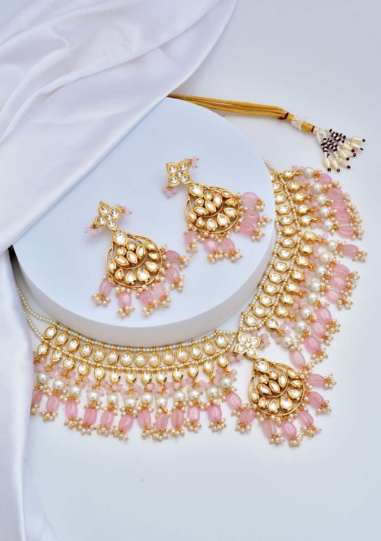 Pink Gold Tone Kundan Necklace Set - Indya