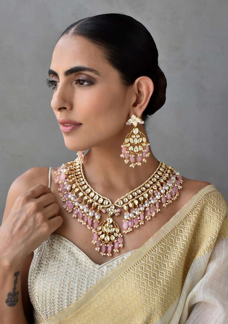 Pink Gold Tone Kundan Necklace Set - Indya