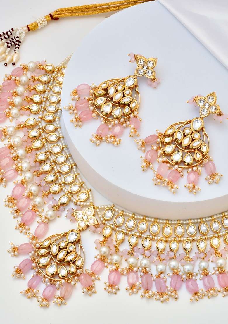 Pink Gold Tone Kundan Necklace Set - Indya