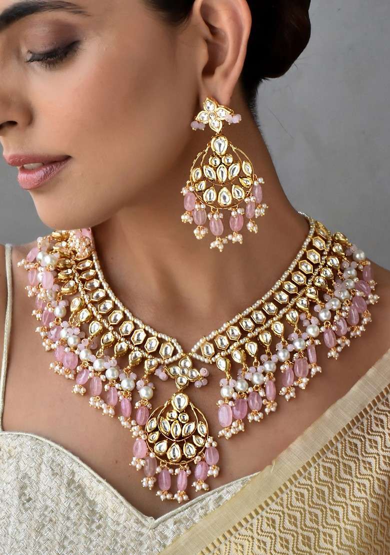 Pink Gold Tone Kundan Necklace Set - Indya