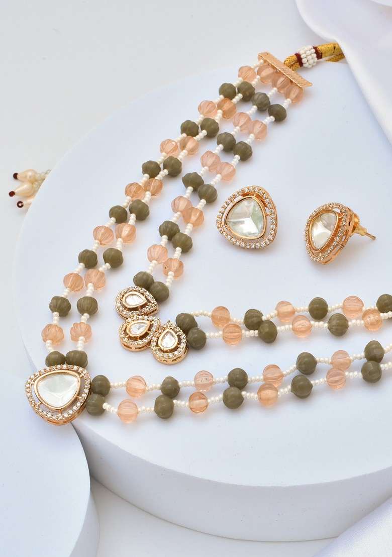 Multicolour Gold Tone Polki Layered Necklace Set - Indya
