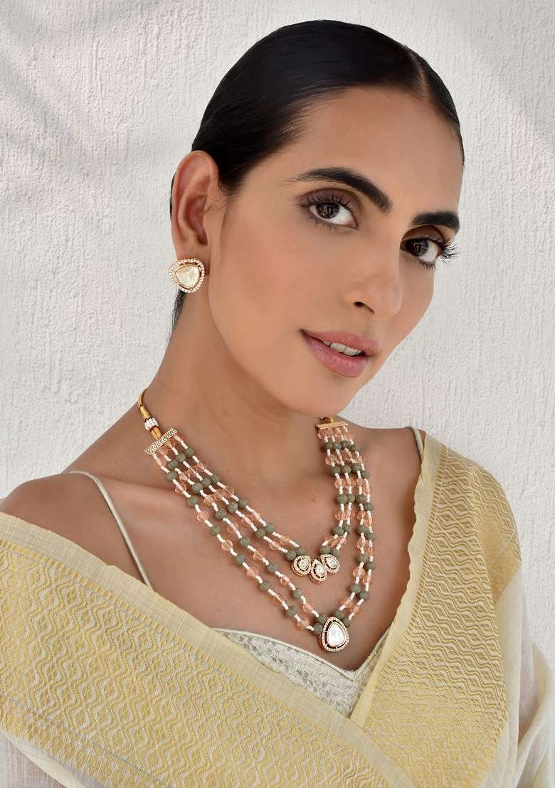 Multicolour Gold Tone Polki Layered Necklace Set - Indya