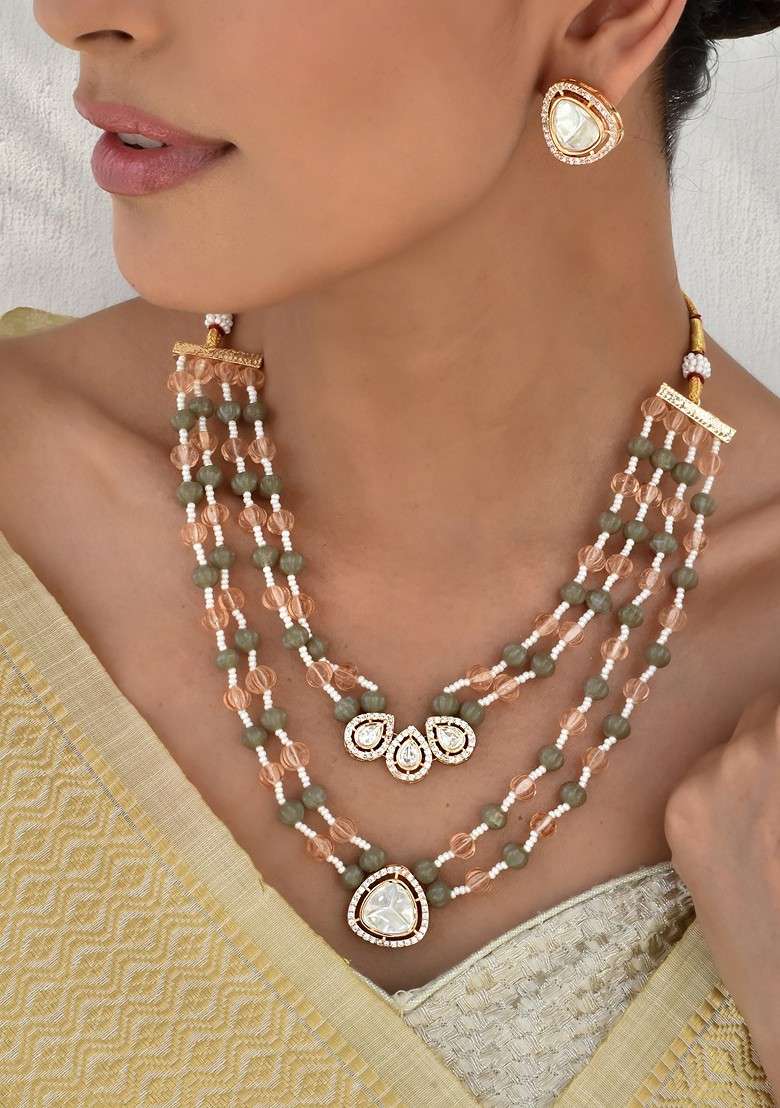 Multicolour Gold Tone Polki Layered Necklace Set - Indya