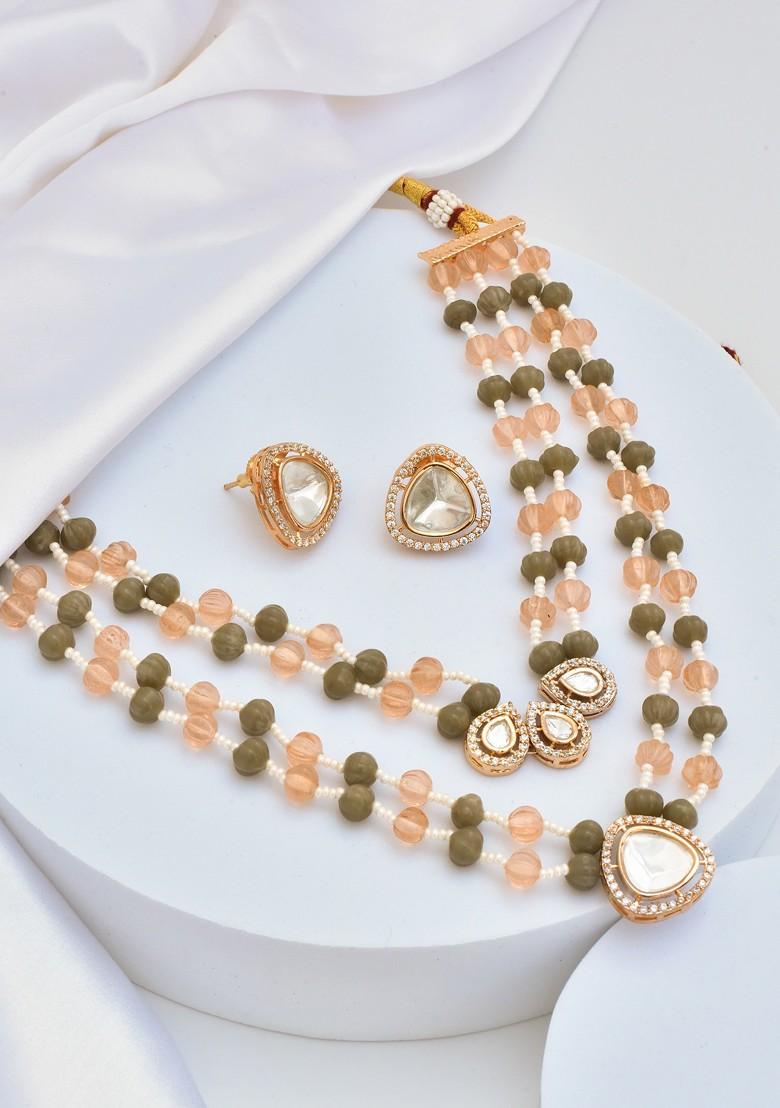 Multicolour Gold Tone Polki Layered Necklace Set - Indya