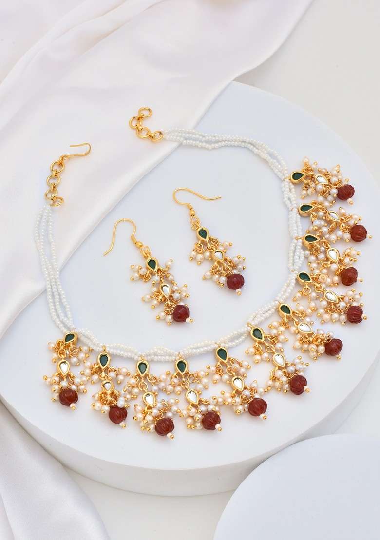 Red Gold Tone Kundan Necklace Set - Indya