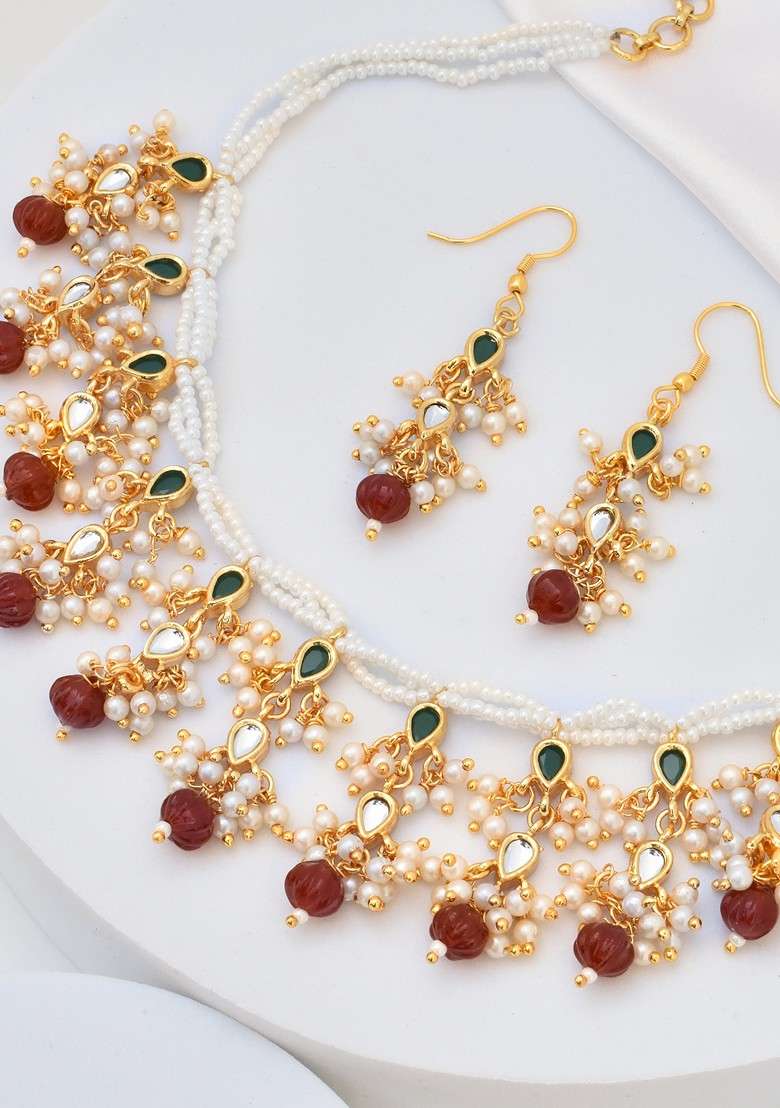 Red Gold Tone Kundan Necklace Set - Indya