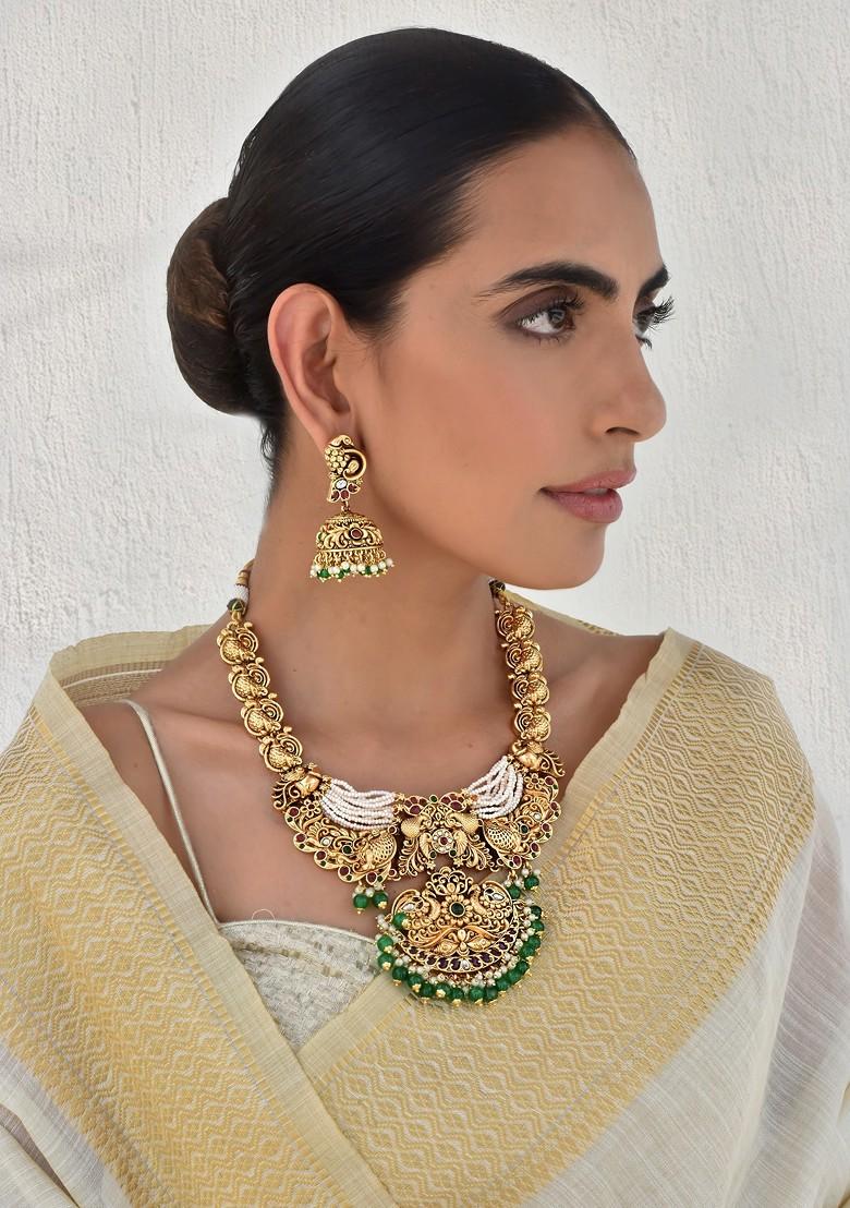 Green Gold Tone Temple Necklace Set