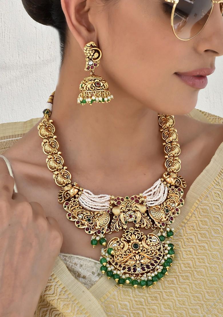 Green Gold Tone Temple Necklace Set