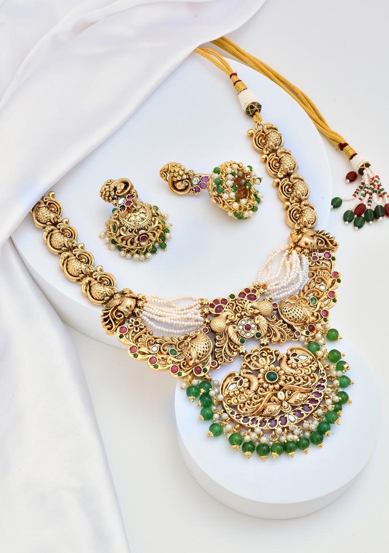 Green Gold Tone Temple Necklace Set