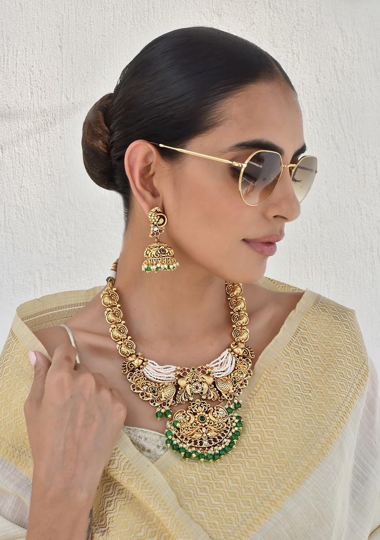 Green Gold Tone Temple Necklace Set