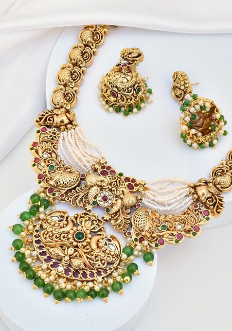 Green Gold Tone Temple Necklace Set