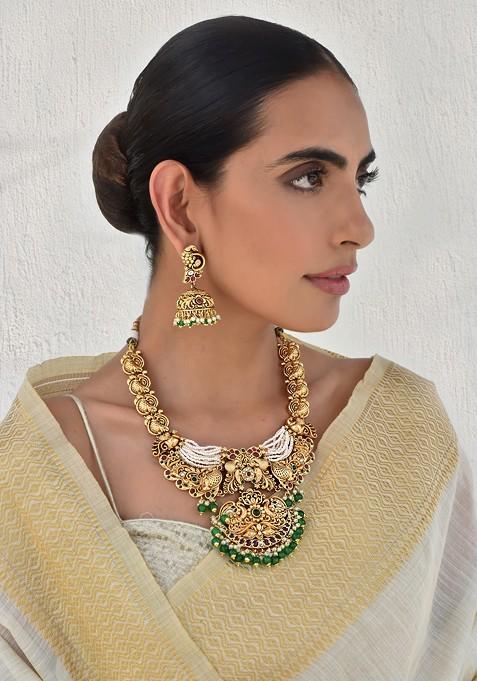 Green Gold Tone Temple Necklace Set