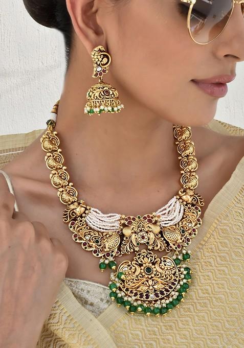 Green Gold Tone Temple Necklace Set