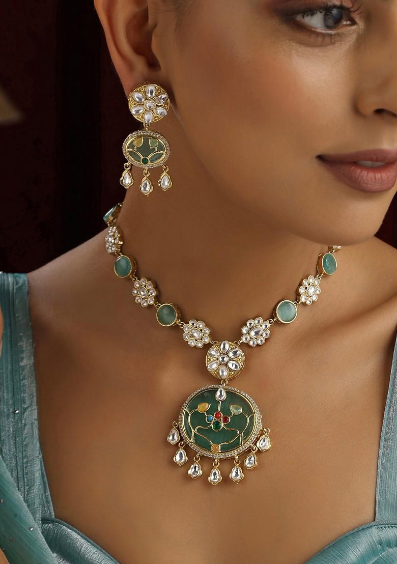 Mint Polki Pendant Necklace Set