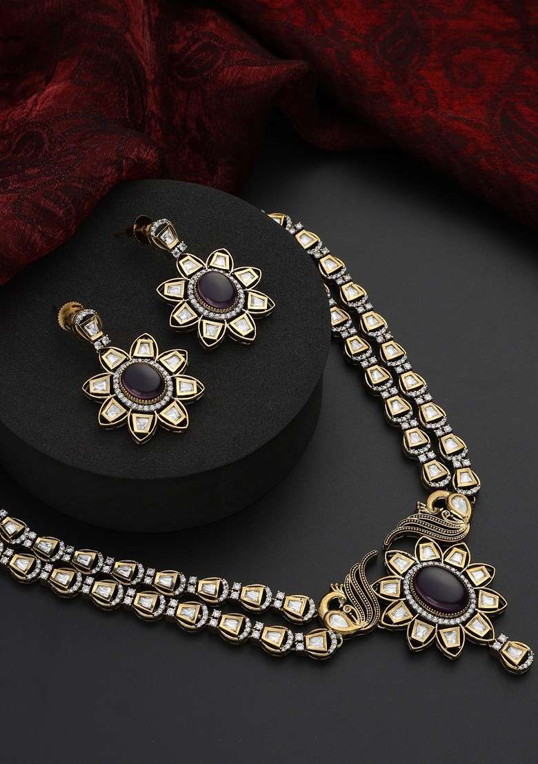 Purple Polki Layered Necklace Set - Indya