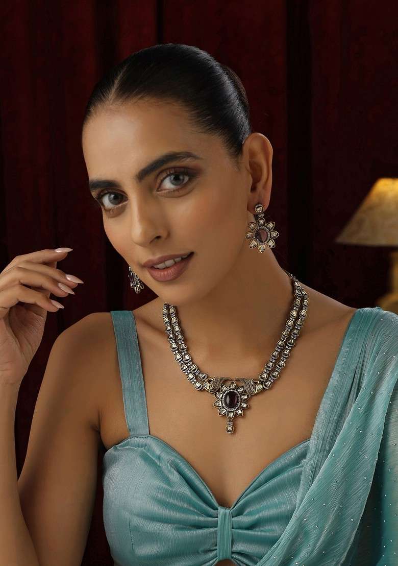 Purple Polki Layered Necklace Set - Indya
