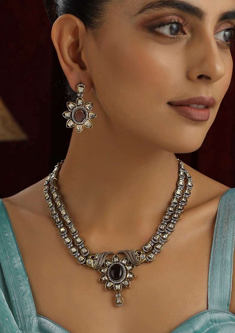 Purple Polki Layered Necklace Set - Indya