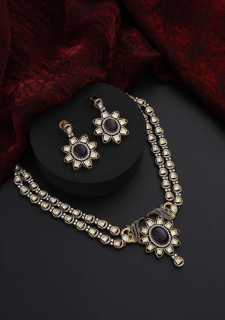 Purple Polki Layered Necklace Set - Indya