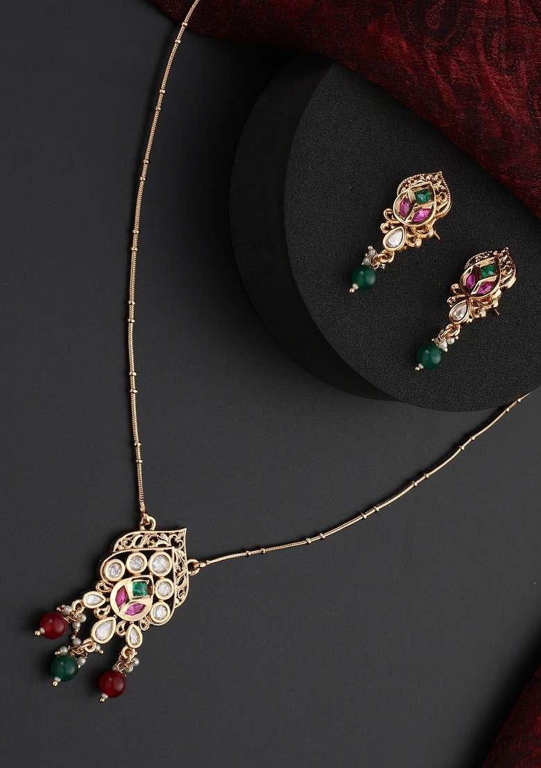 Multicolour Polki Pendant Necklace Set - Indya