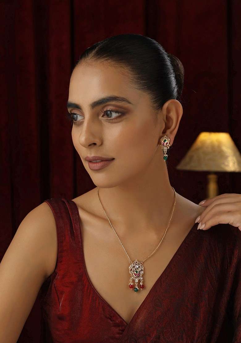 Multicolour Polki Pendant Necklace Set - Indya