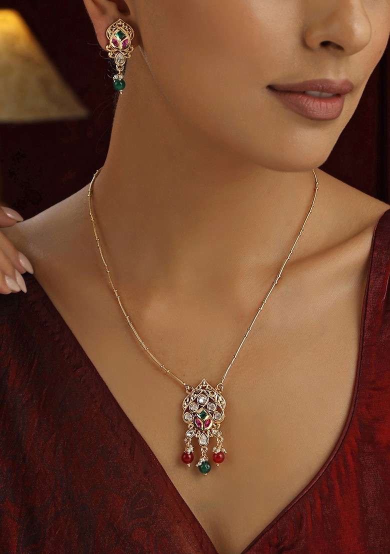 Multicolour Polki Pendant Necklace Set - Indya