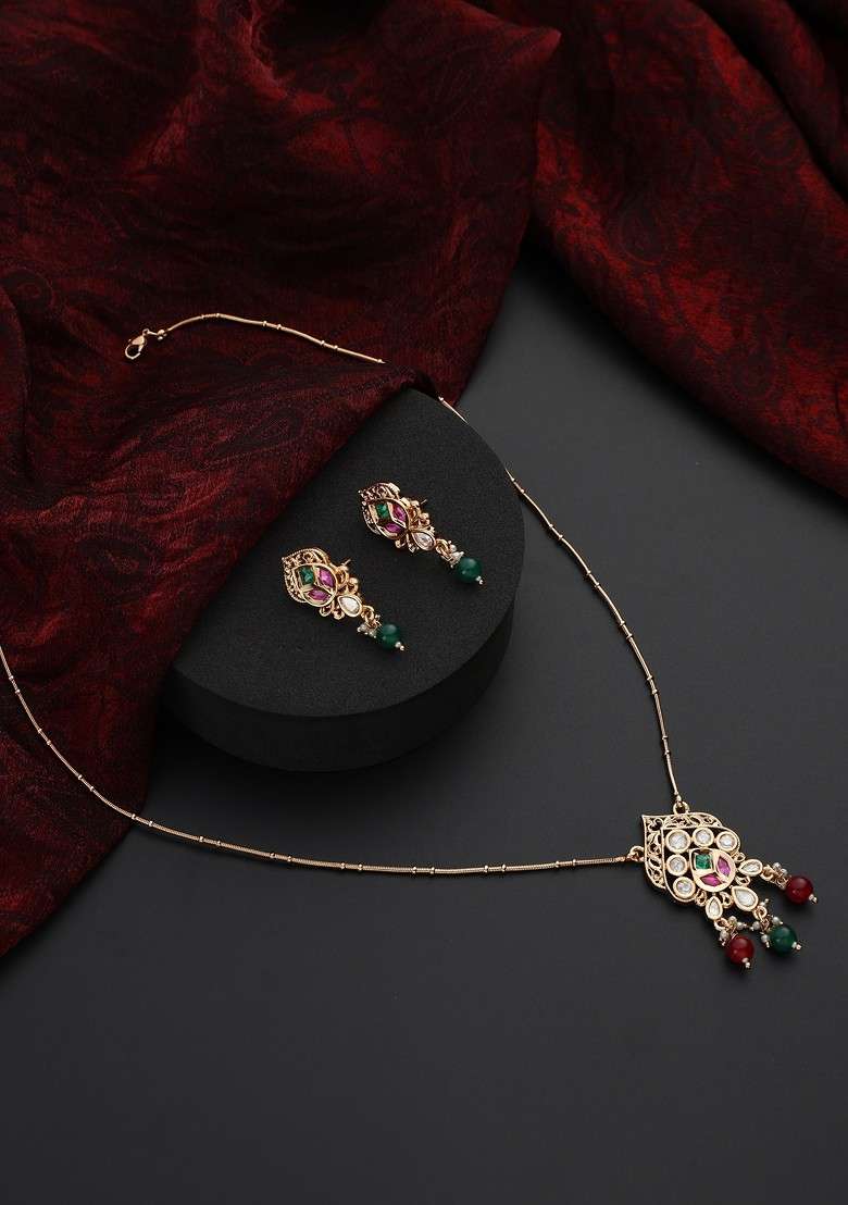 Multicolour Polki Pendant Necklace Set - Indya