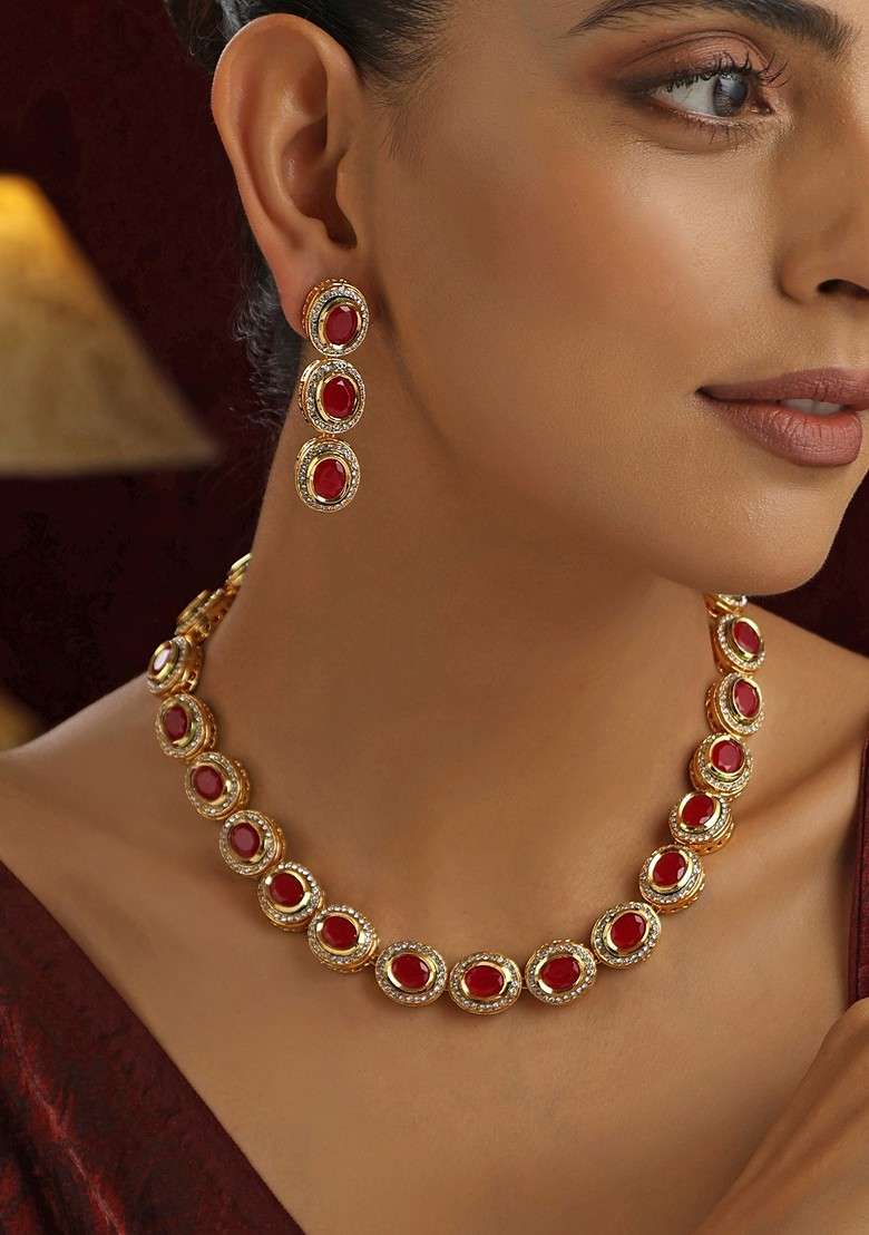 Red Kundan Necklace Set - Indya