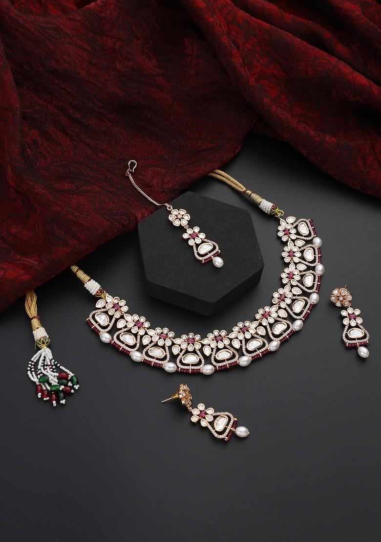 Green Polki Necklace Set With Maangtika - Indya