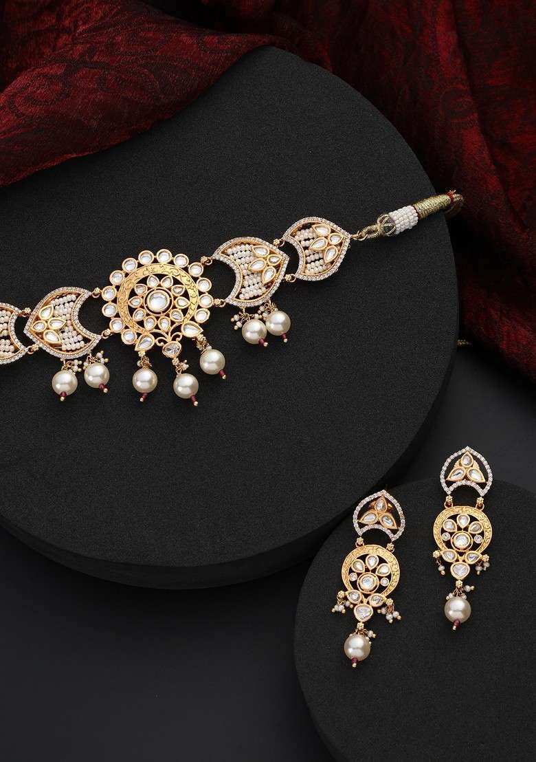 Gold Polki Choker Necklace Set - Indya