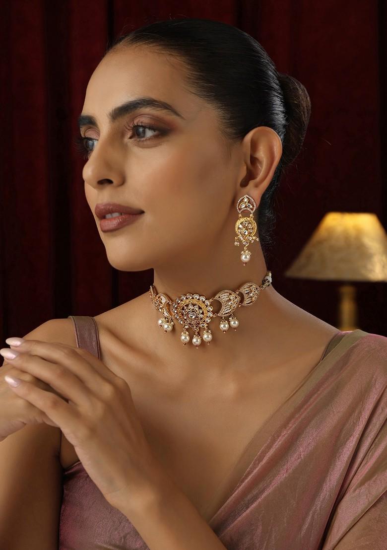 Gold Polki Choker Necklace Set - Indya