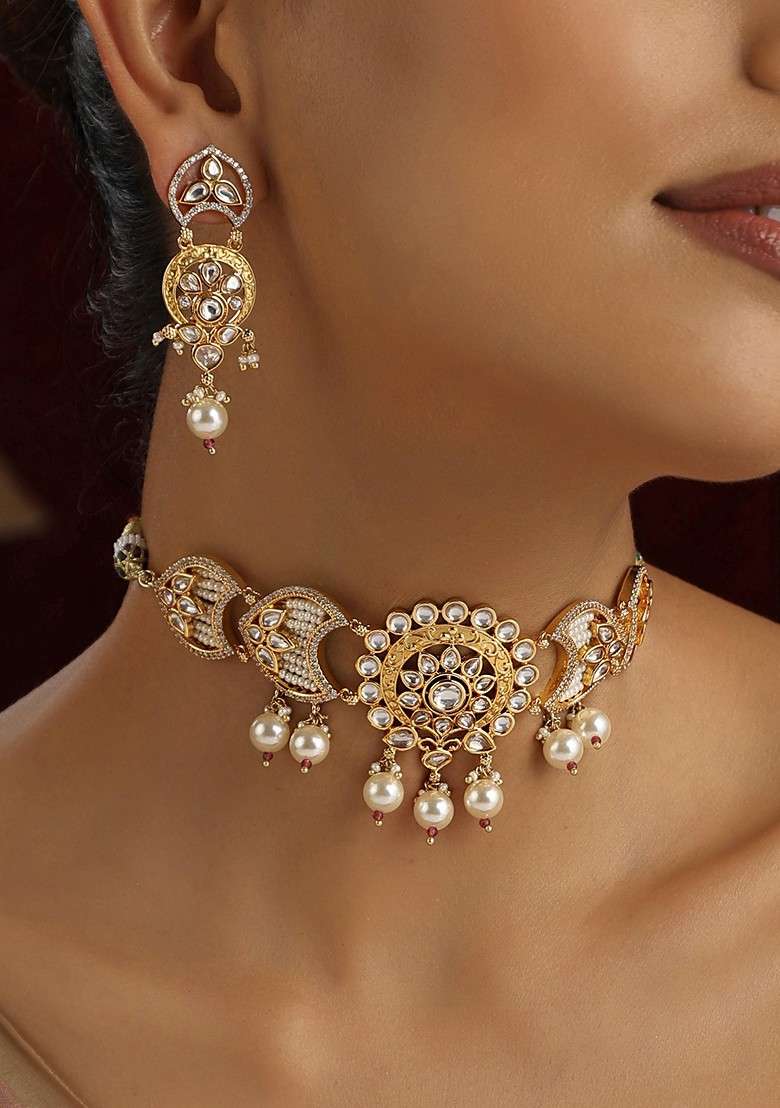 Gold Polki Choker Necklace Set - Indya