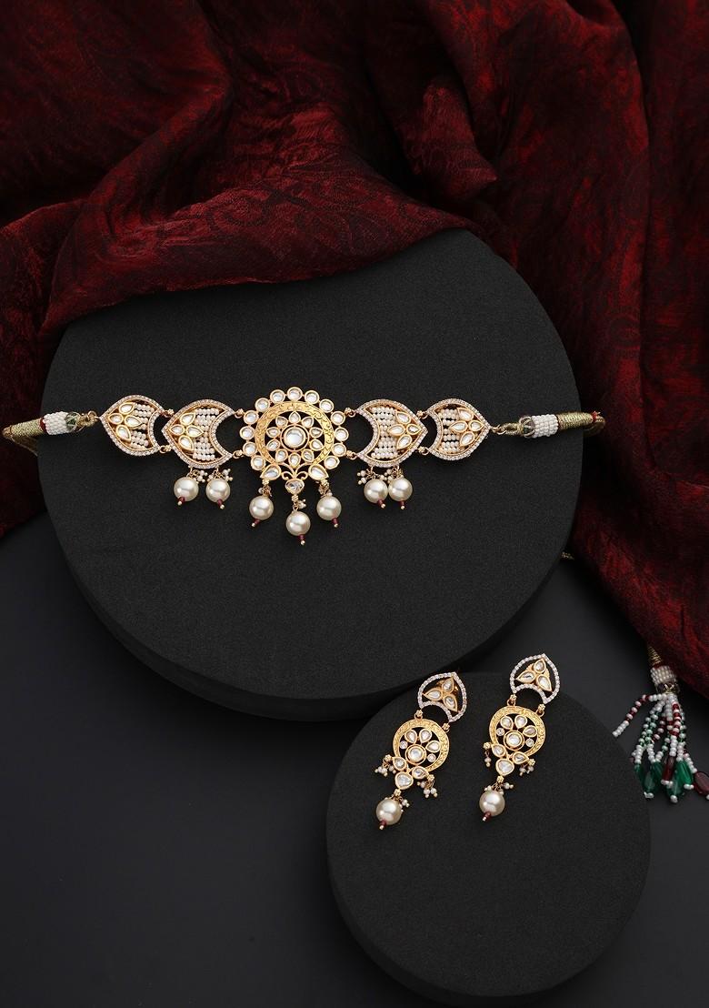 Gold Polki Choker Necklace Set - Indya