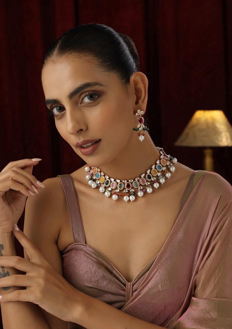 Multicolour Polki Pearl Necklace Set