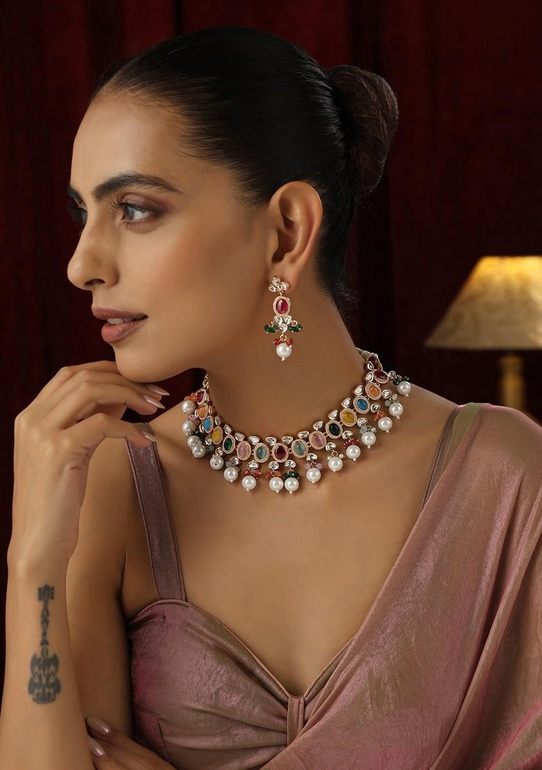 Multicolour Polki Pearl Necklace Set