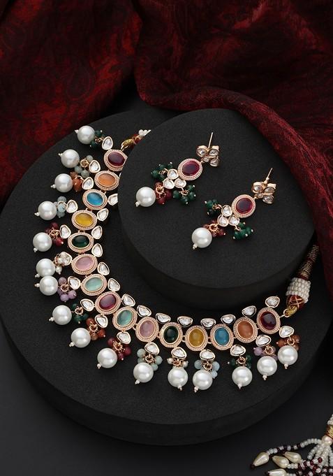 Multicolour Polki Pearl Necklace Set