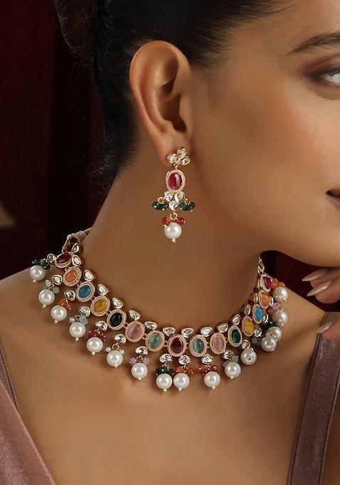 Multicolour Polki Pearl Necklace Set