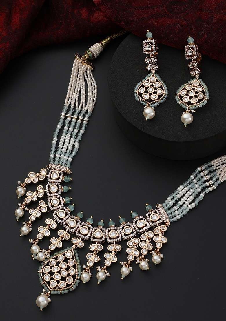 Cyan Polki Layered Necklace Set - Indya