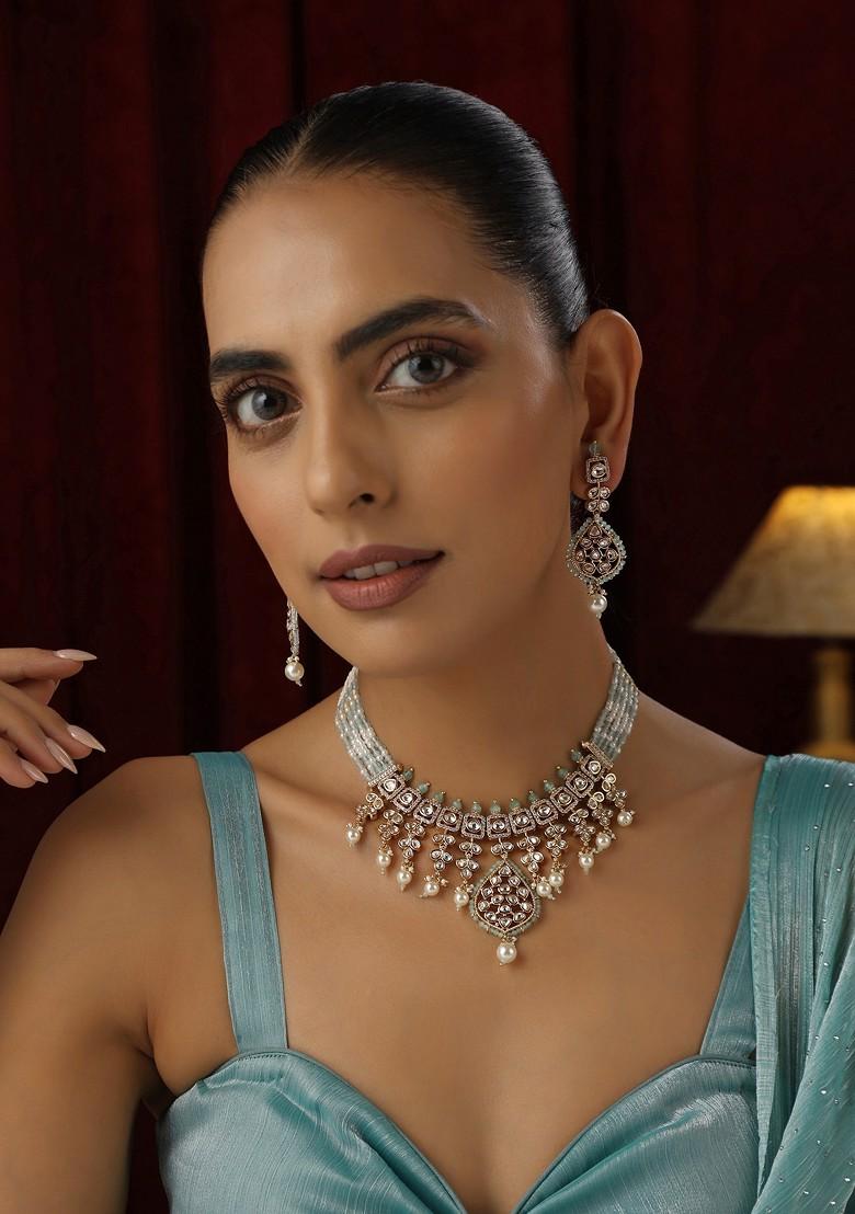 Cyan Polki Layered Necklace Set - Indya