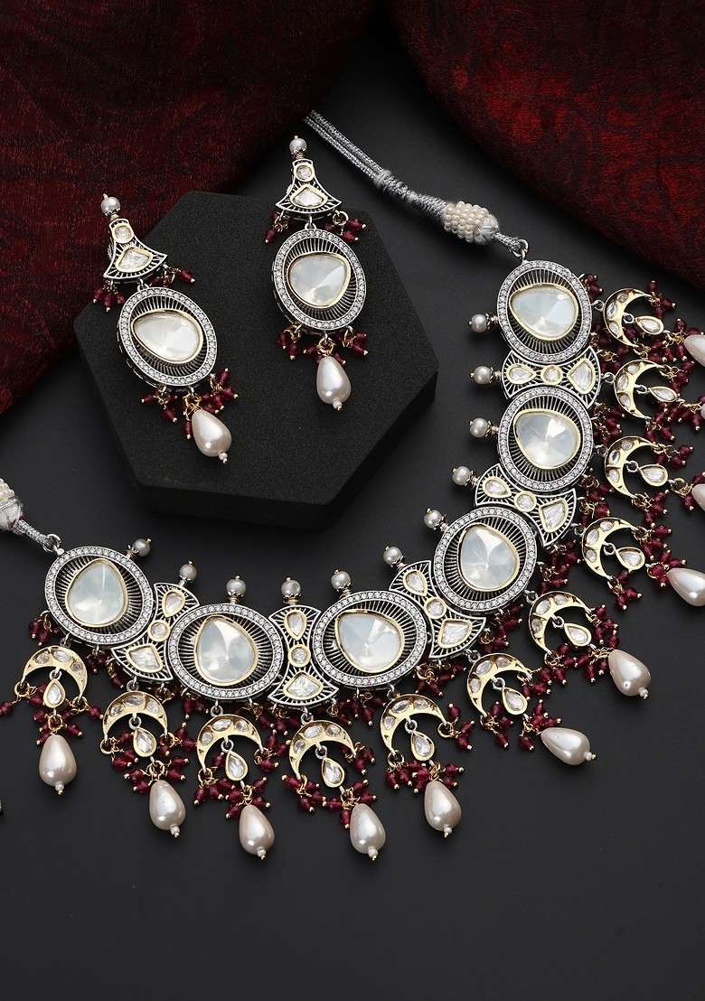 Red Polki Choker Necklace Set - Indya