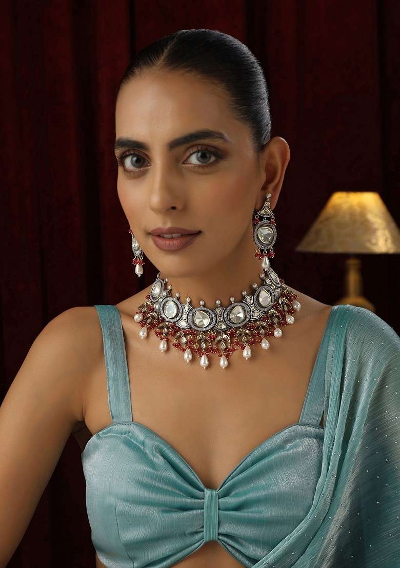Red Polki Choker Necklace Set - Indya