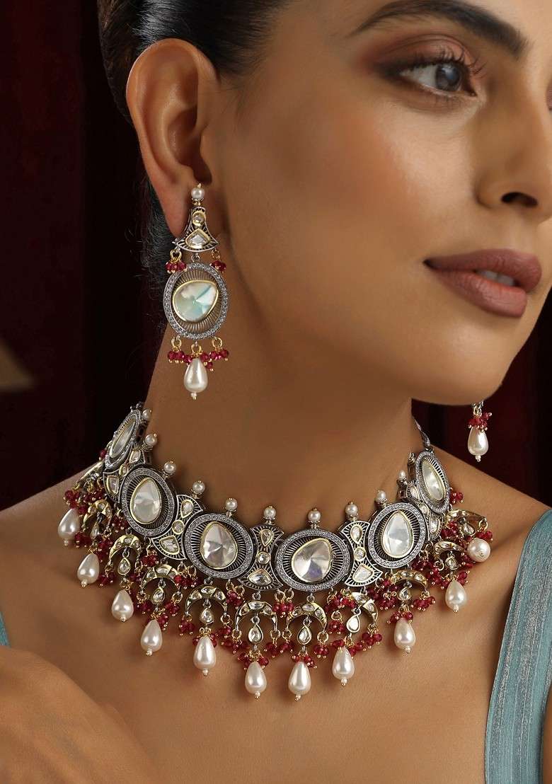 Red Polki Choker Necklace Set - Indya
