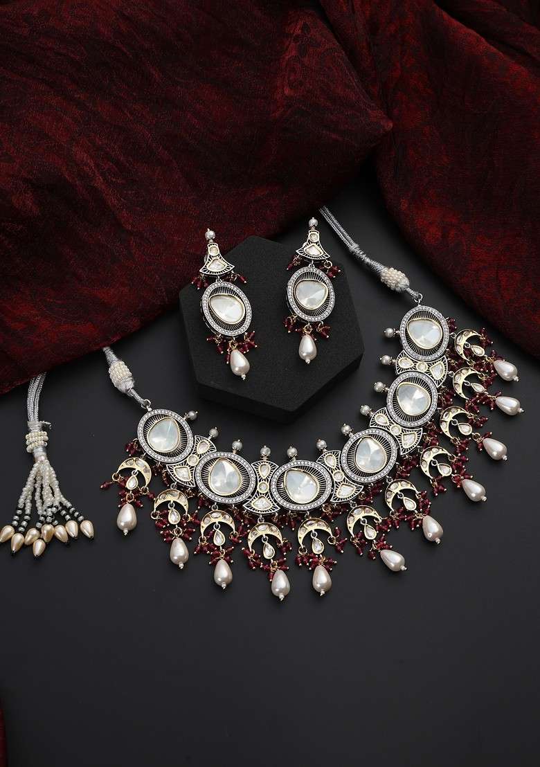Red Polki Choker Necklace Set - Indya