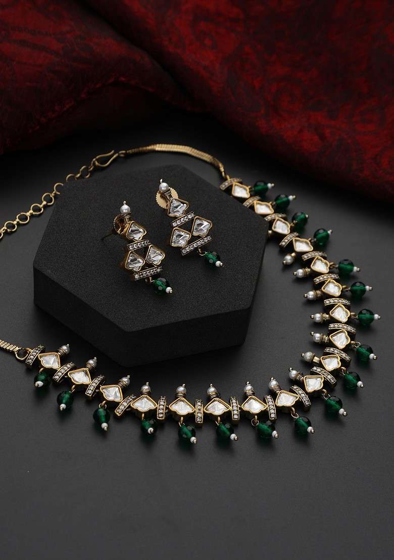 Green Polki Choker Necklace Set - Indya