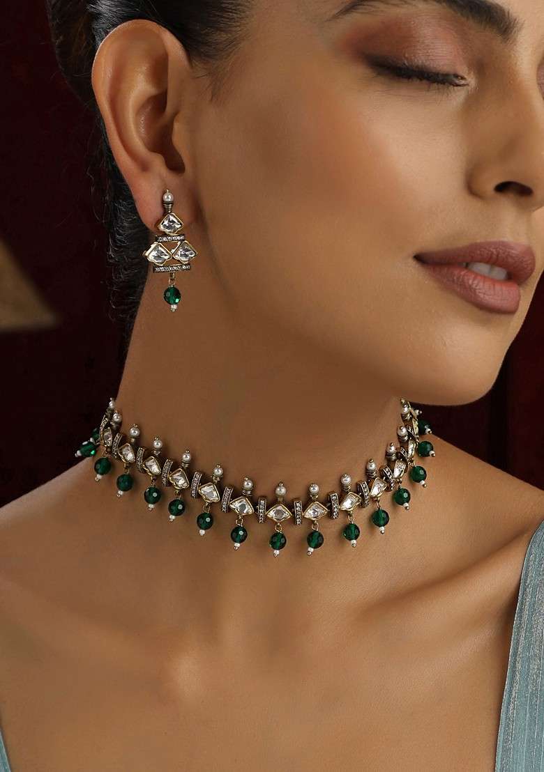 Green Polki Choker Necklace Set - Indya