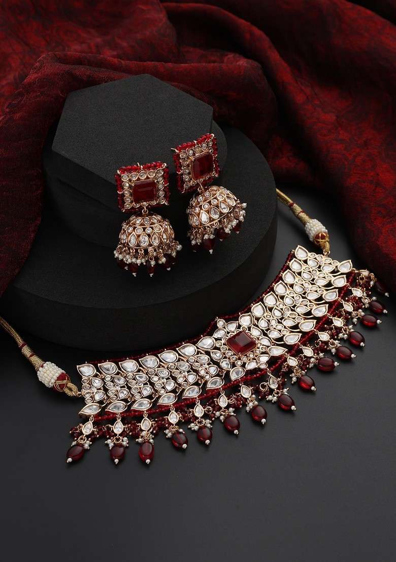 Red Polki Choker Necklace Set - Indya