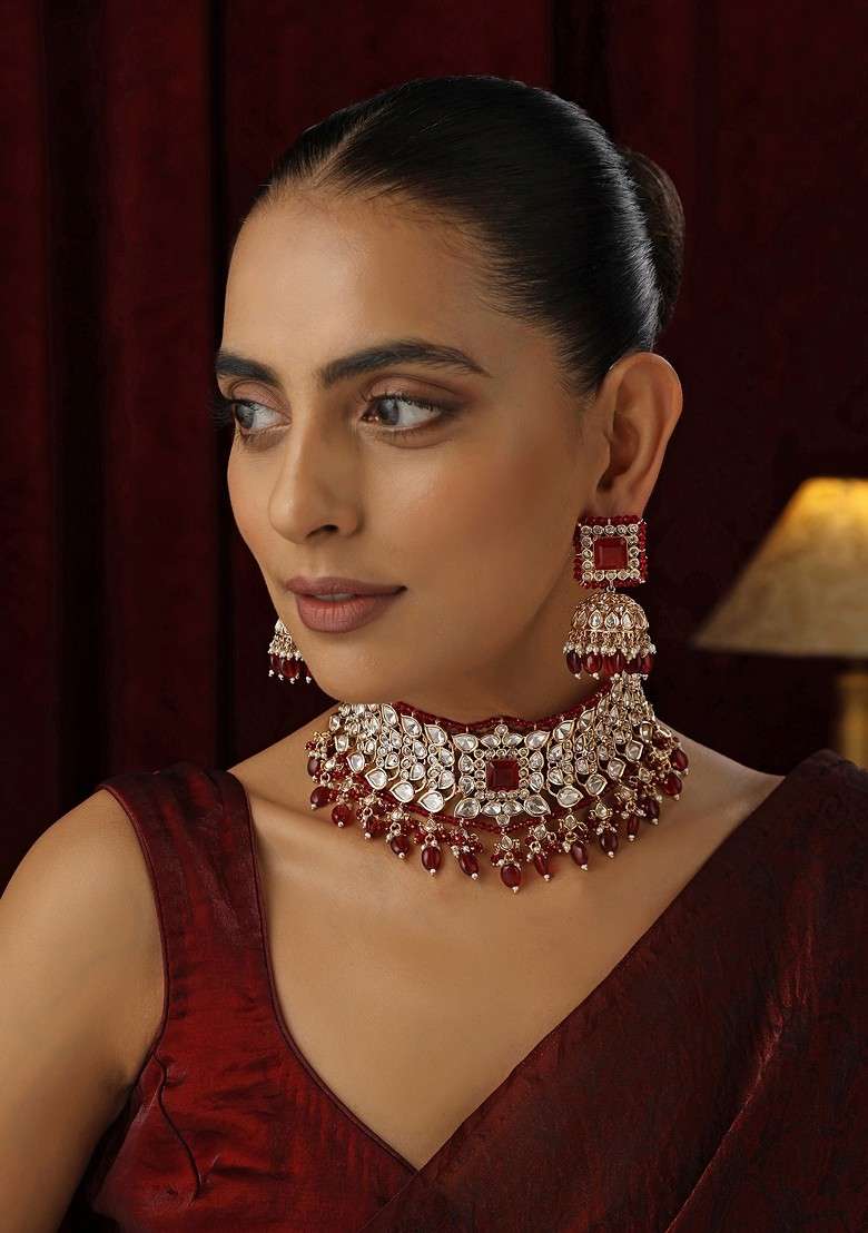 Red Polki Choker Necklace Set - Indya